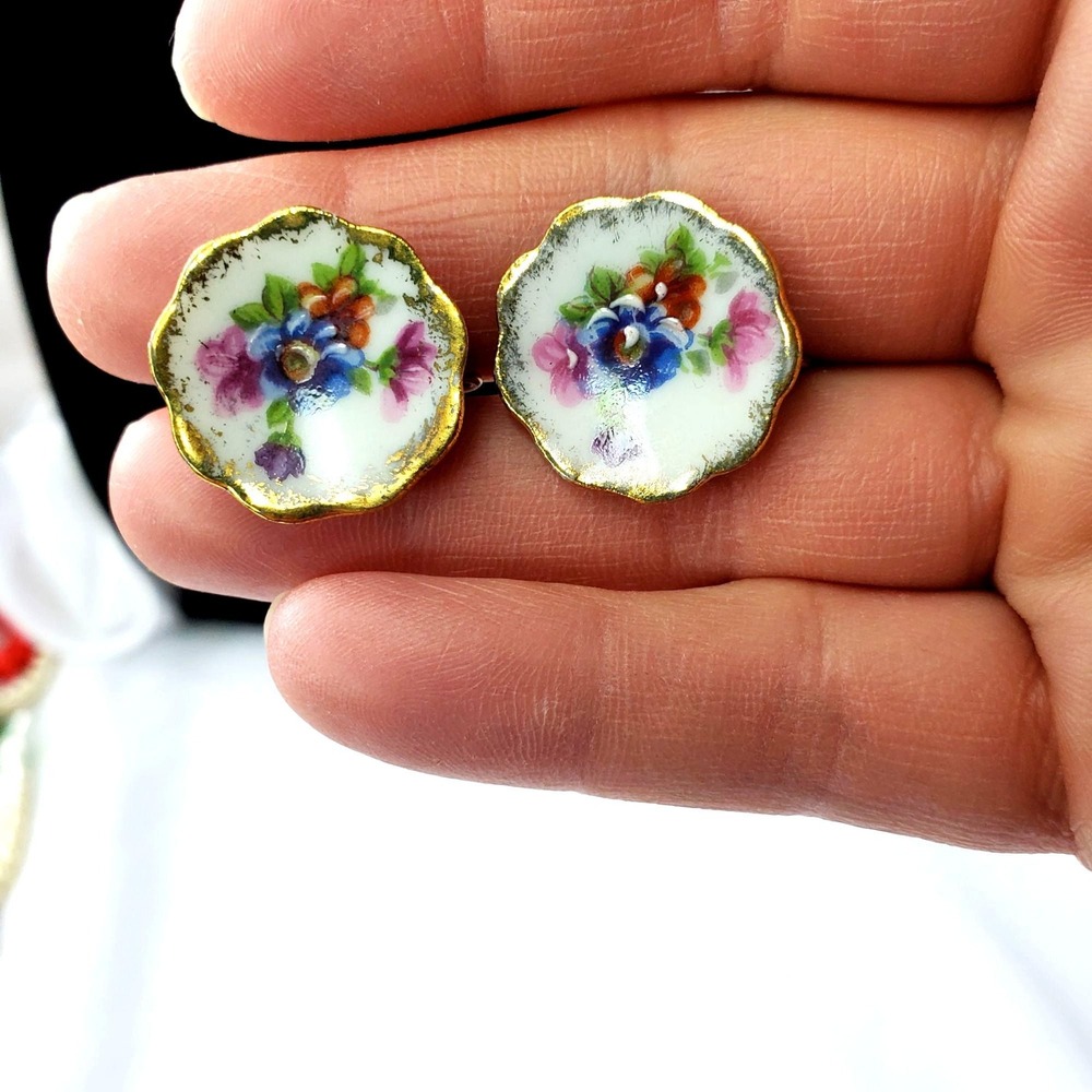 VTG Limoges France Porcelain Screw-Back Earrings Hand Painted Gilt Floral Design - Picture 7 of 7